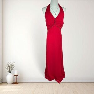 Y2K red halter maxi gown Ne Prom by Moonlight rhinestone bust formal prom